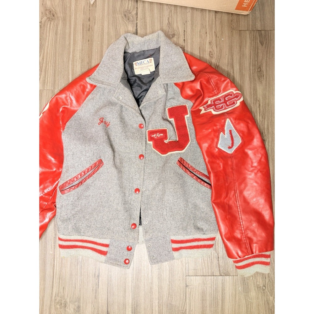 Vintage MECA Varsity Letterman Jacket Grey Red Wool Vinyl Sleeves Size L USA